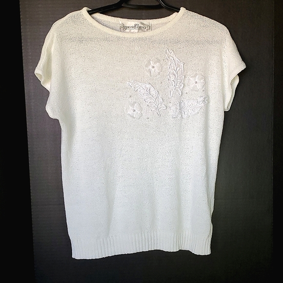 Imperial Classics White Knit Cap Sleeve TShirt with Embroidered Leaves - Large - Picture 1 of 9
